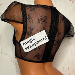 VS XS S M CHANTILLY LACE WIRELESS BRALETTE BRA TOP ZIPPER MESH HIGH-NECK BLACK